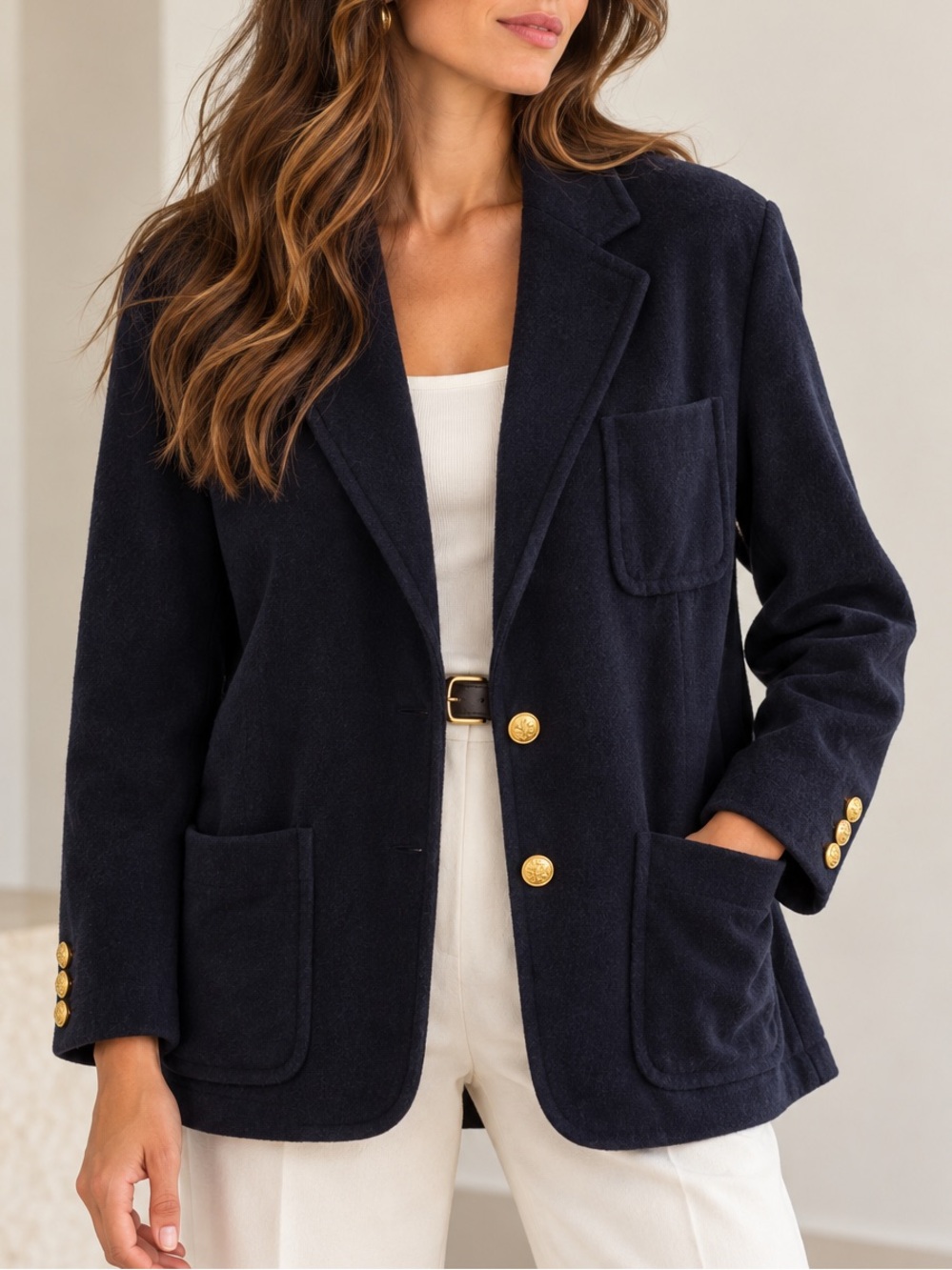 Vintage Ralph Lauren 100% Wool Navy Blazer Gold Crest Buttons Size 10